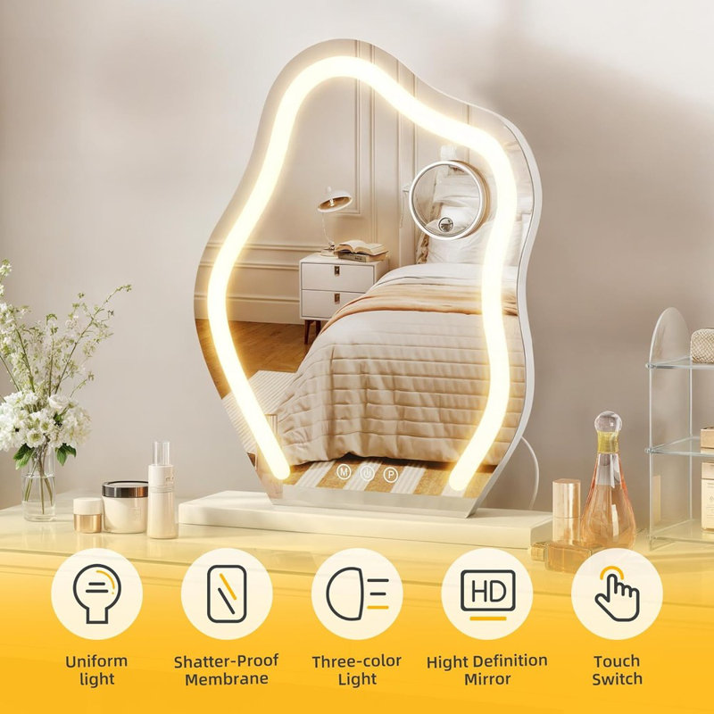 Wrought Studio DWVO Vanity Mirror With LED Lights Large Makeup Mirror Cloud Shape Smart Touch Dimmable 3 Color Light 5X Magnification Memory Function Touch Control For Vanity Desk Tabletop Wayfair